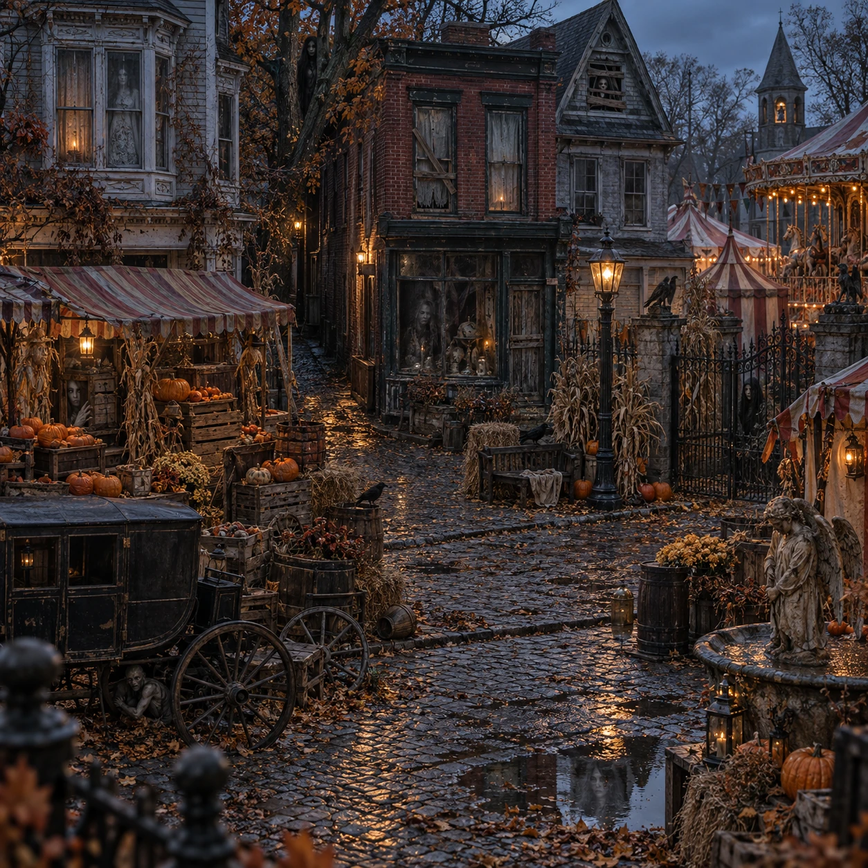 An abandoned Halloween fair, with eight supernatural visitors hidden among its shops and shadows